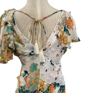Anthropologie V-Neck Ruffle Lace Slip‎ Dress Floral White Multicolor Size US 4 thumbnail 12