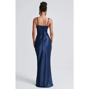 NWT Babyboo Shae Navy Blue Satin Corset Lace Up Back Maxi Dress Womens Size XS thumbnail 6