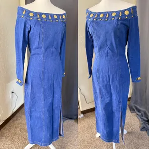 Tower western Denim Midi Dress Womens Medium Off Shoulder Gold Studded vintage thumbnail 3