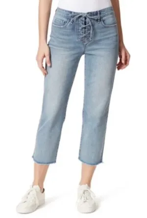 ✨Frayed Jeans High Rise Lace Up Straight Crop Sz 8/29 Jeans✨ thumbnail 1