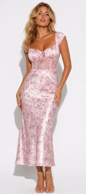 Forever 21 Size L Lace-Trim Midriff Panel Satin Floral Maxi Dress Cap Sleeves thumbnail 1