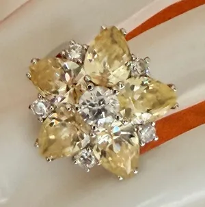 CWE Sterling Silver 925 Glass Flower Cluster Ring Yellow & Clear Statement Ring thumbnail 1
