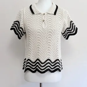Solitaire Crochet Knit Polo Top Small Cream Black Chevron Scalloped Trim thumbnail 2