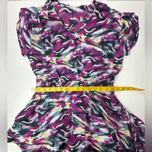 VERTIGO Dress Women’s Size Medium Blouson Flare Tiered Cinched‎ Purple Blue Work thumbnail 6