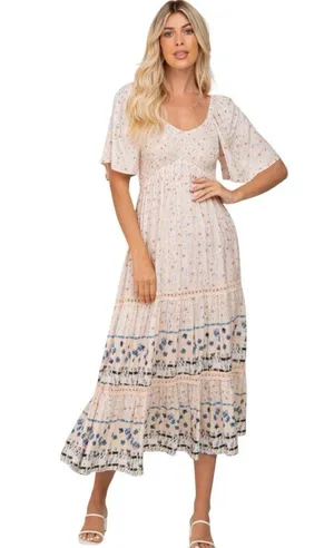 Pinkblush Boho Floral Smocked Maternity Midi Dress Small Light Pink Short Sleeve thumbnail 2