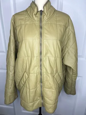 Free People Quilted Vegan Leather Jacket L Sage Green Puffer Funnel Neck Zip Up thumbnail 1
