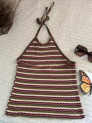 American Eagle retro multi color striped cotton halter top L thumbnail 3