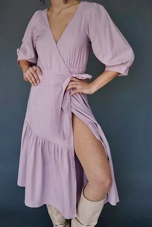 Free People Lilac Cotton & Linen Wrap Dress Sz M thumbnail 1