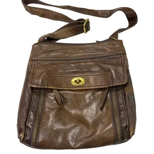 Fossil crossbody brown leather small messenger bag, purse. 6 pockets. boho thumbnail 1