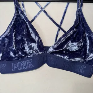 PINK - Victoria's Secret Dark Blue Velvet Triangle Bralette Women’s Size Medium thumbnail 3