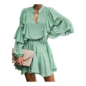 Sage Green Polka Dot Long Sleeve Ruffle Mini Dress Casual Flowy‎ Swing Medium thumbnail 3