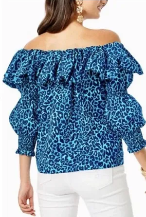 Lilly Pulitzer Beatrix Off-the Shoulder Top Women’s XL Oyster Bay Navy Leopard thumbnail 1