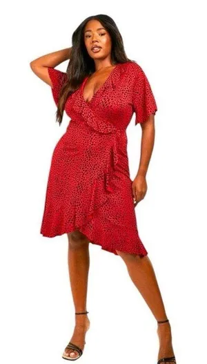 Boohoo Red Asymmetrical Ruffled faux Wrap Dress thumbnail 1