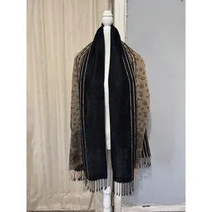 Black and Tan Paisley Floral Pashmina Wrap Scarf Shawl with Fringe Trim 28x72 in thumbnail 7