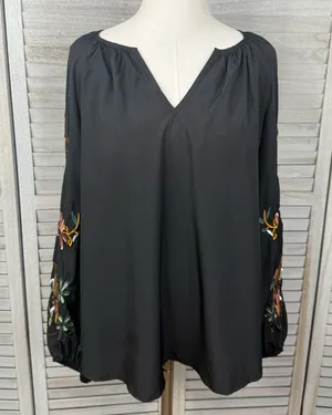 SHEIN (Curve) Plus Size Embroidered Lantern Sleeve Blouse Black/Multi-2X thumbnail 1