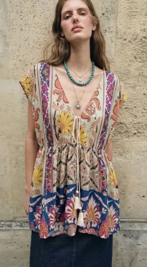 NEW ZARA floral blouse top Boho Tassel Moroccan Bohemian Large L⁠ thumbnail 1