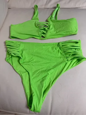 Neon Green Strappy Ribbed Bikini Set Size L thumbnail 1