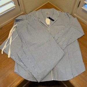 Petite Plume Women's Twill Pajama Set in French Blue Heritage Stripe thumbnail 1