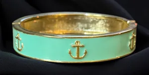 Gold tone turquoise enamel anchor hinged bangle bracelet thumbnail 1