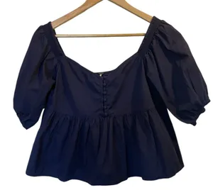 FREE PEOPLE Navy Blue Cotton Off Shoulder Ruffle Crop Top Peasant Blouse - Sz XS thumbnail 1
