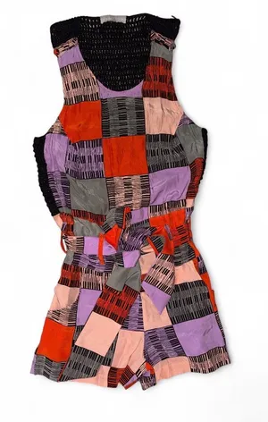 Patchwork Print Sleeveless Romper Dress in Red, Purple, Pink, Gray-Silk thumbnail 1