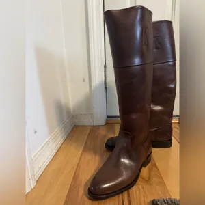 Frye Demy Cuff women's brown leather riding boots made in Spain. thumbnail 5
