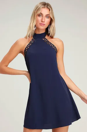 Lulus Any Sway, Shape, or Form Navy Blue Lace Halter Dress Small thumbnail 1