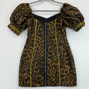 For Love & Lemons Leopard Print Mini Dress Puff Sleeve Yellow Trim‎ S thumbnail 8