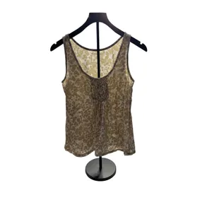 New York & Company Tan White Floral Smocked Cotton Tank Top Women L Sleeveless thumbnail 5