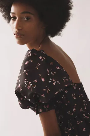 NWT $158 Anthropologie x Maeve Black Floral Puff-Sleeve Mini Dress w/ Pockets XS thumbnail 4