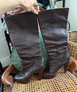 Frye Harlow Campus Chocolate Brown Leather Heeled Boho Western Tall Slouch Boots thumbnail 1