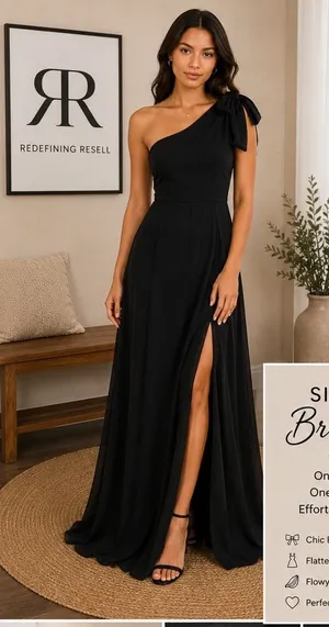 Lulus Simply Brilliant Black One Shoulder Bow Chiffon Maxi Dress Slit in Black S thumbnail 1