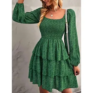 BTFBM Floral Tiered Mini Dress Size Small Green Smocked Long Sleeve Boho Prairie thumbnail 10