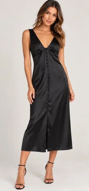 NWOT ASOS DESIGN Black Satin Midi Dress Button Front Deep V Sleeveless US 2 thumbnail 1