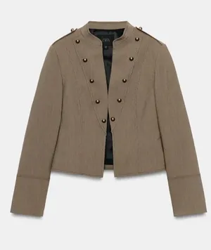 ZARA Buttoned Short Military Style Cropped Blazer Jacket Brown Vigore M thumbnail 1