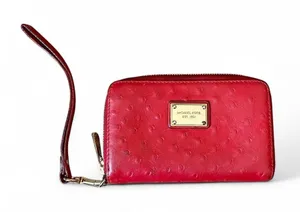 Michael Kors Red Ostrich Embossed Leather Zip Around Wristlet Wallet Pouch Small thumbnail 1