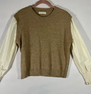 GRACE+EMMA Women's Knit Sweater‎ Cream Balloon Sleeve Layering Top Tan Sz L thumbnail 1