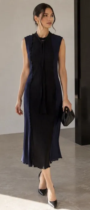 Zara Knit Asymmetrical Combination Color Block Midi Dress Black/Navy Blue Sz S thumbnail 1