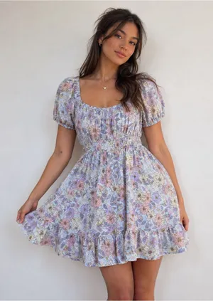 Coquette Praire Floral Babydoll Mini Dress Cottagecore Puff Sleeve Small thumbnail 1