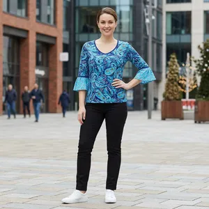 Vera Bradley Blue Daisy Paisley Kelsey Bell Sleeves Flutter Top, M SRP: $60 thumbnail 14