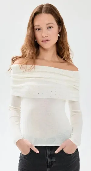 Le Superbe Aura Embellished Off-The-Shoulder‎ Sweater in Snow thumbnail 1