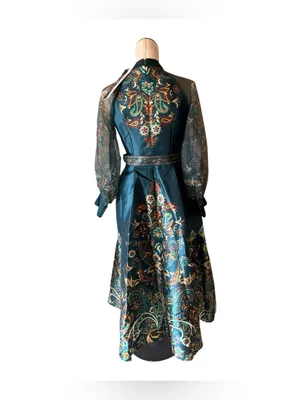 NWT DALIA MACPHEE Long Sleeve Mock Neck Printed Maxi Dress Small Belted Green thumbnail 6