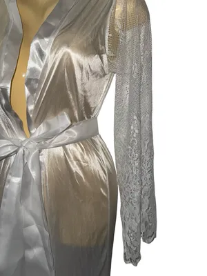 Silky Lace Trim Long White Satin Robe thumbnail 4