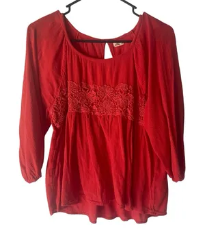 Hollister Y2k Women's Size Small Red Boho Floral Long Sleeve Babydoll‎ Top thumbnail 1