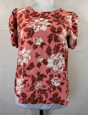 Loft Blouse Sz S Pink Rayon Floral Print Round neckline Ruched Short Sleeve thumbnail 1