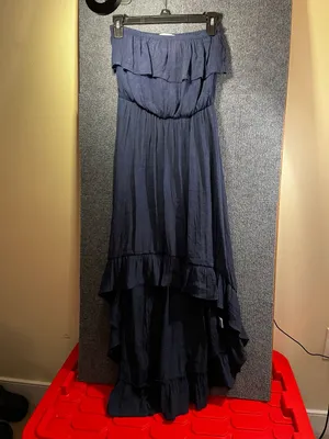 Entro Off-The-Shoulder Ruffle Asymmetric Hem Maxi Dress in Navy thumbnail 3