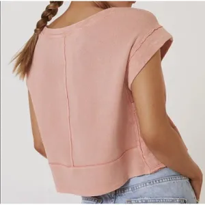 Anthropologie Pilcro Cropped Cut Off Short Sleeve Sweatshirt Pink Coral Medium thumbnail 2