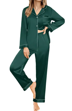 UVN green silk pajama set long sleeve Size M thumbnail 1