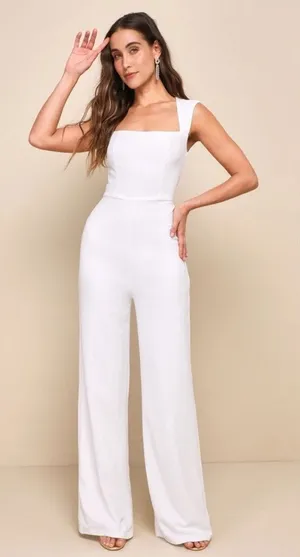 NWOT Lulus Enticing Endeavors White Jumpsuit Classy Party Cocktail Elegant Sz M thumbnail 1