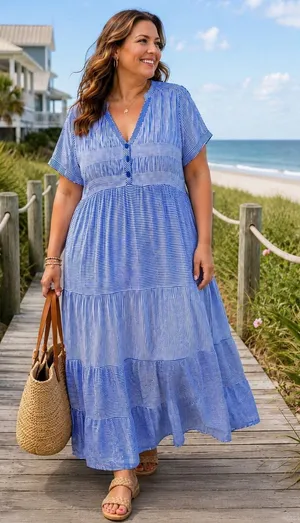 Cactus + Pearl XXL Blue White Striped Smocked Maxi Dress Rayon Boho Casual Coast thumbnail 1